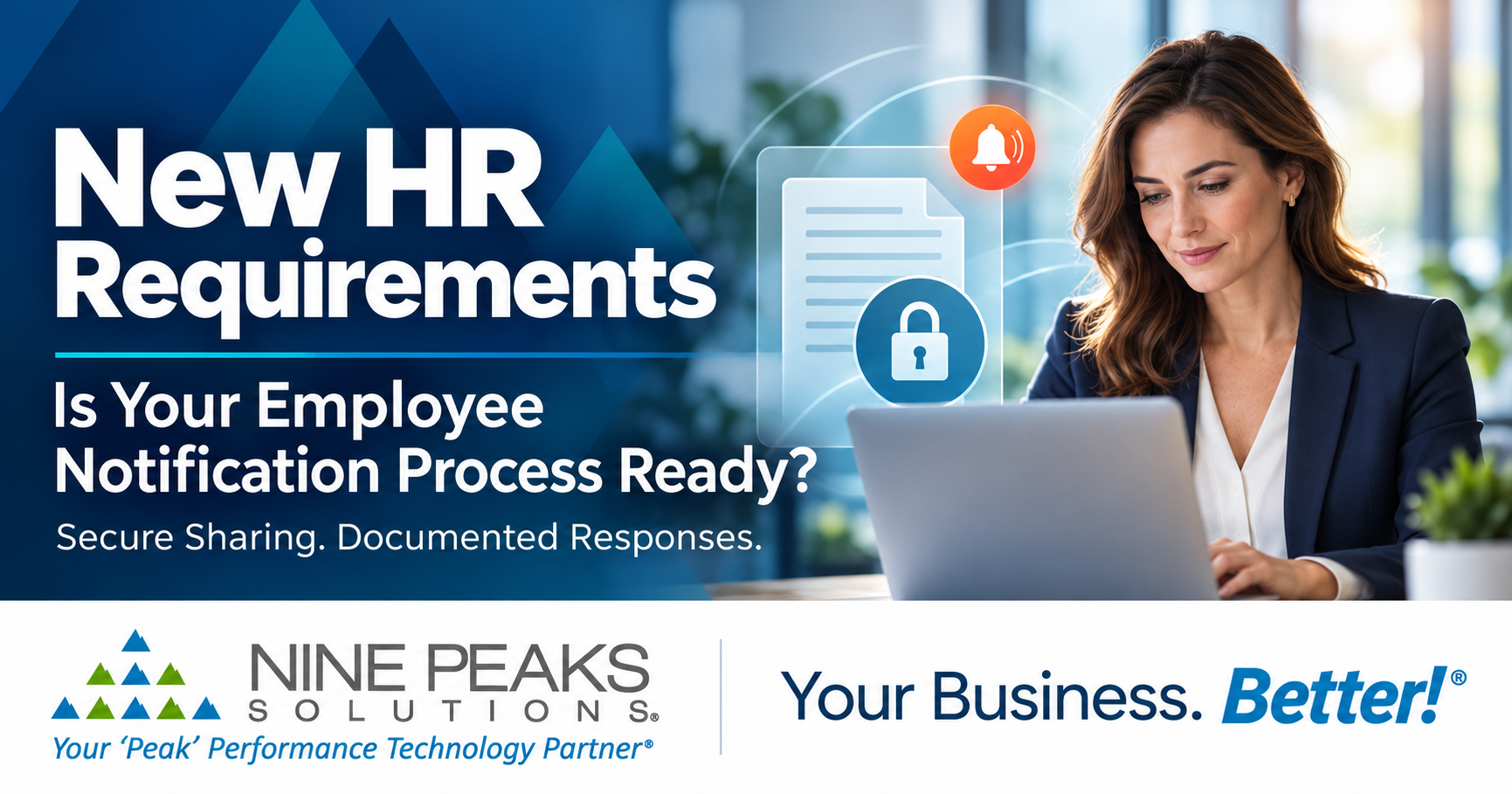 Employee notification process graphic showing an HR professional with secure document sharing and notification symbols.
