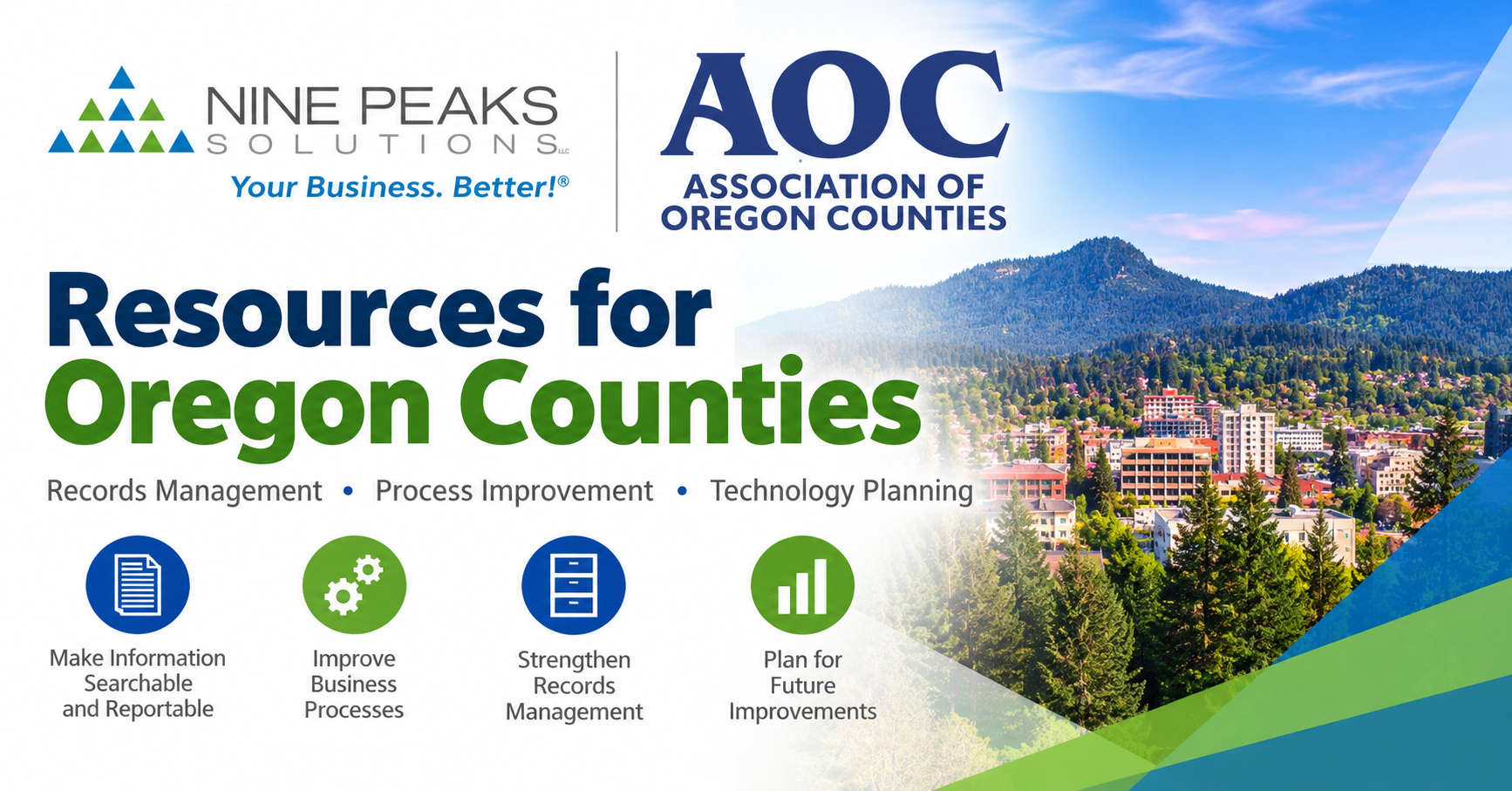 Nine Peaks Solutions and Association of Oregon Counties (AOC) resources for records management, process improvement, and technology planning.